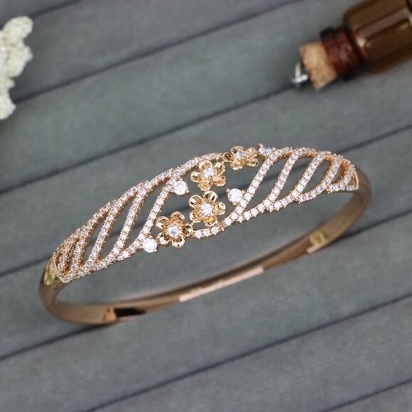 Elegant Floral Rose Gold Bangle with Sparkling Crystal Accents, XPBL0585 - Picture 1 of 12